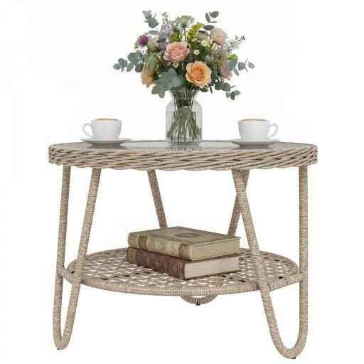 Mesa de Jardín Exterior de Ratán Mesita Auxiliar de Jardín con Estante Tablero de Vidrio Templado 65x65x50 cm Amarillo [8]