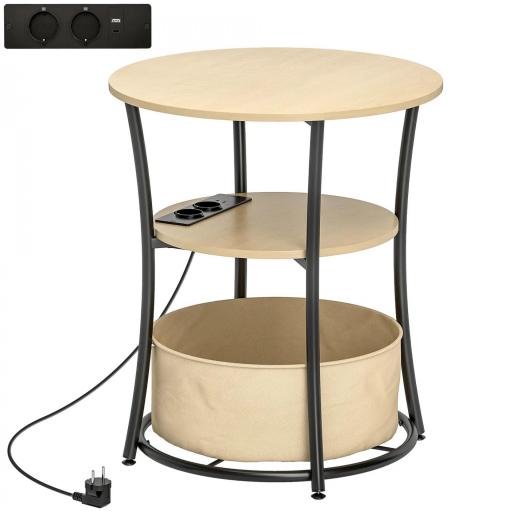 Mesa Auxiliar Redonda de 3 Niveles con Estación de Carga 3 Estantes y Bolsa para Salón Dormitorio Ø50x55,1 cm Natural [10]