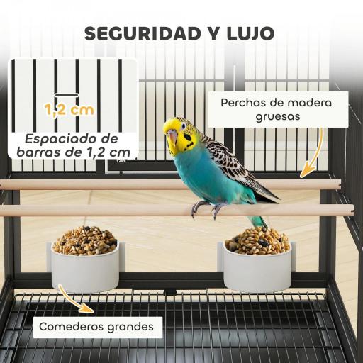 Jaula para Pájaros con Paneles Acrílicos Comederos Soporte Ruedas y Estante Inferior 48x46x83 cm Negro [3]