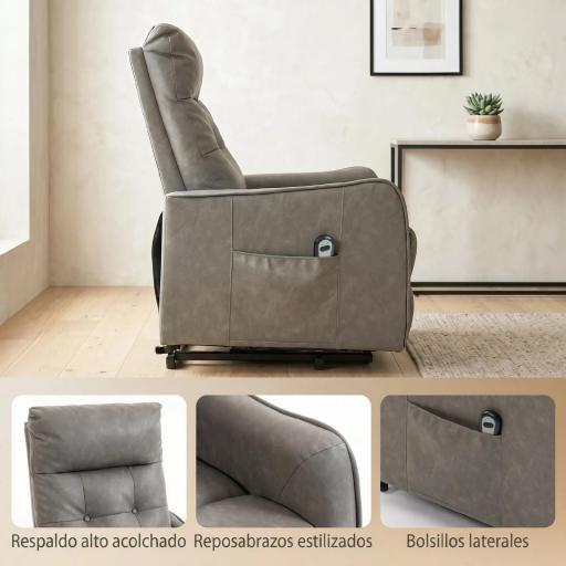 Sillón Relax Reclinable Eléctrico Levanta Personas de Cuero PU Control Remoto Asiento con Resorte Reposapiés Gris [3]