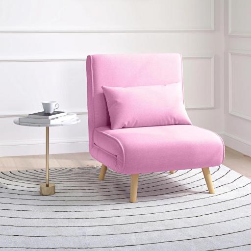 Sofá Cama Individual Tapizado en Lino con Respaldo Ajustable en 5 Posiciones y Almohada 72x75x85 cm Rosa