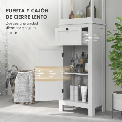 Mueble de Baño con Cajón Puerta Estante Ajustable y 2 Compartimientos Armario de Baño Moderno 40x30x165 cm Blanco [6]