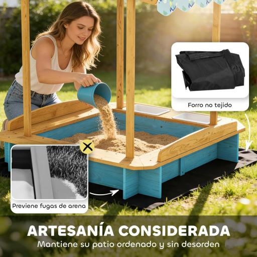 Arenero para Niños de Madera con Techo 3 Bancos 2 Cajas de PP Forro para Niños de 3-6 Años 128x118x121 cm Azul [2]