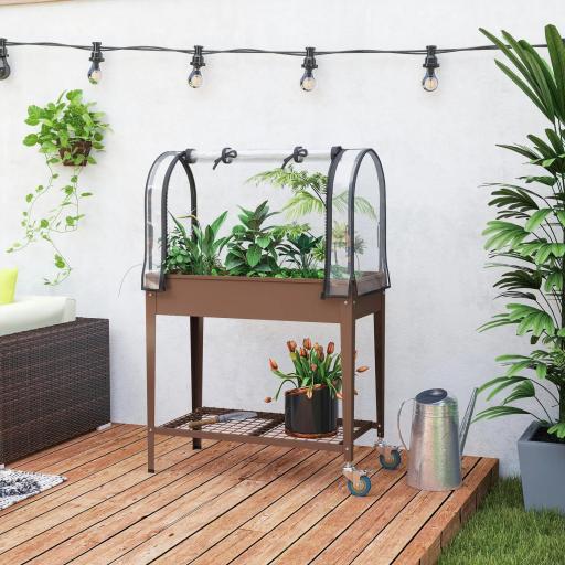 Huerto Urbano Elevado 80x40x120 cm con Cubierta de Invernadero y Estante Inferior para Cultivo Plantas Flores Marrón [3]
