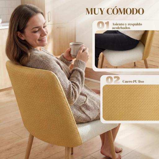 Juego de 2 Sillas de Cocina con Respaldo de PU de Imitación Ratán Patas de Acero y Asiento Acolchado Marrón y Beige [6]