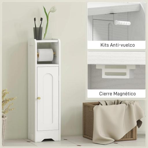 Armario de Baño Estrecho Mueble Auxiliar de Baño con Estante Ajustable y Portarrollos de Papel 21x20x79 cm Blanco [5]