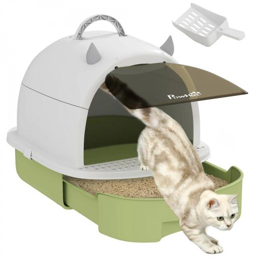 Arenero Cerrado para Gatos con Bandeja Extraíble Filtro de Carbono Pala y Asa Superior 40,5x52x39 cm Blanco y Verde [8]