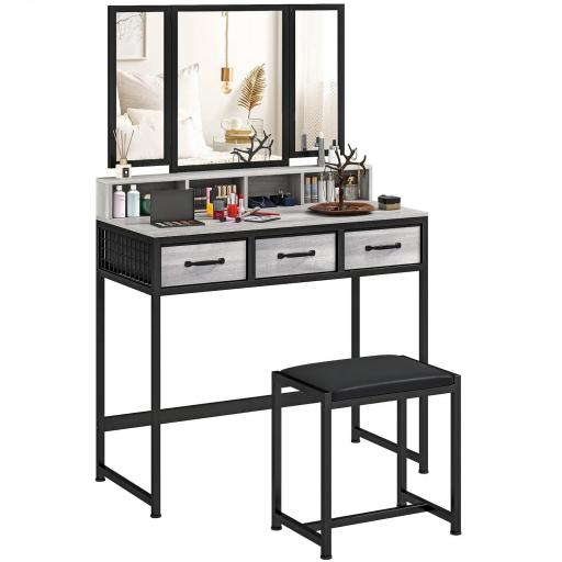 Tocador de Maquillaje con Espejo Tríptico Desmontable Taburete 3 Cajones de Tela Soporte para Secador de Pelo Gris [8]