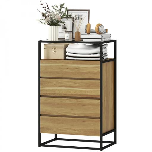 Cómoda Dormitorio con 4 Cajones Superficie de Vidrio Templado Estante Abierto Estructura de Acero 60x40x94,5 cm Teca [7]