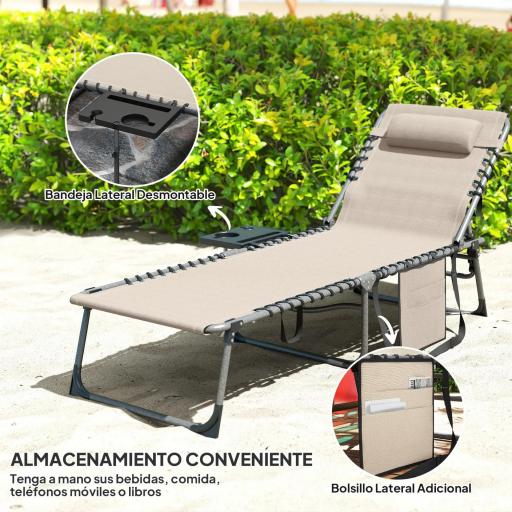 Tumbona Plegable con Respaldo Ajustable Reposacabezas Bolsillo Lateral Bandeja y Estructura de Acero 190x60x31 cm Crema [2]