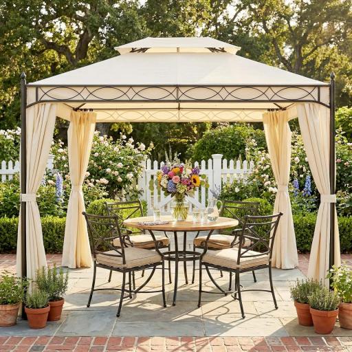 Cenador de Jardín 4x3m con Doble Techo Estructura de Acero Anti-UV para Exterior Patio 400x300x280 cm Crema [5]