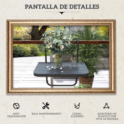Mesa Colgante para Balcón Plegable de Aluminio con Altura Ajustable en 4 Niveles Carga 25 kg 60x40x55-64 cm Negro [5]