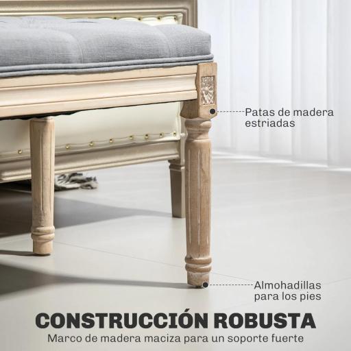 Banco Pie de Cama Tapizado en Lino Sintético con Patas de Madera y Asiento Acolchado Estilo Vintage Gris Claro [4]