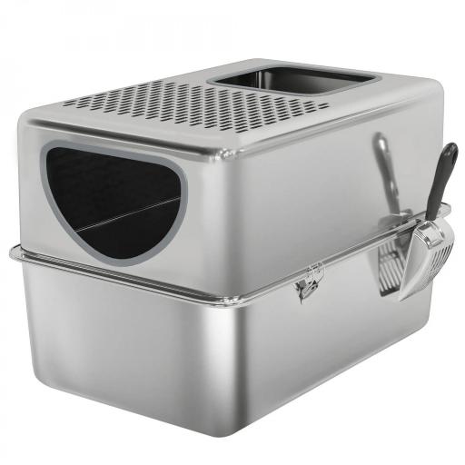 Arenero para Gatos de Acero Inoxidable XL Arenero con Pala Aberturas Dobles Fácil de limpiar Plata [9]