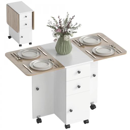 Mesa Plegable de Comedor con Ruedas Alas Abatibles 2 Cajones y Armario Hasta 6 Personas 120x60x76,5 cm Blanco y Natural [8]