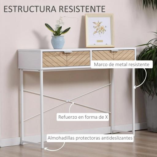 Mesa de Consola Estrecha con 2 Cajones Diseño de Líneas Talladas Estilo Moderna Blanco y Roble [5]