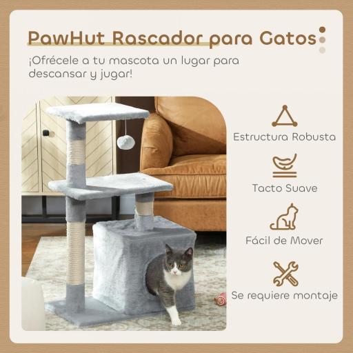 Árbol Rascador para Gatos 81,5 cm Torre para Gatos con Postes de Sisal 2 Plataformas Cueva y Bola Colgante Estilo Elegante 50x30x81,5 cm Gris [1]
