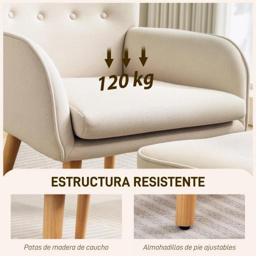 Sillón con Reposapiés Sillón Lectura con Respaldo Alto Capitoné Patas de Madera y Tapizado en Lino Beige [7]
