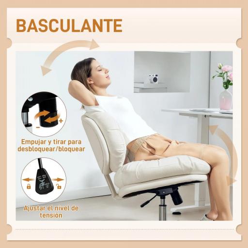 Silla de Oficina Piernas Cruzadas con Asiento Ancho Ruedas Altura Ajustable Doble Acolchado Función Basculante Gris [4]