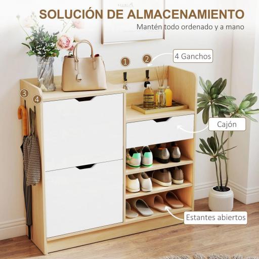 Zapatero Entrada Recibidor con Cajón Estantes Abiertos 4 Ganchos para 14 Pares de Zapatos Natural y Blanco [5]