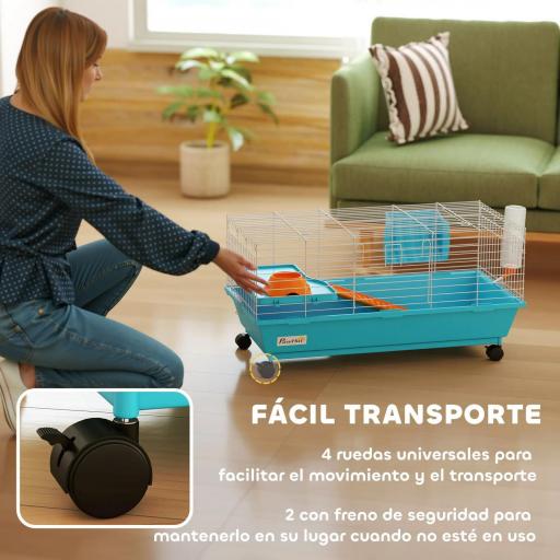  Jaula para Animales Pequeños con Ruedas Botella Comedero Dispensador de Heno para Conejos y Cobayas 89x44x43 cm Azul [5]