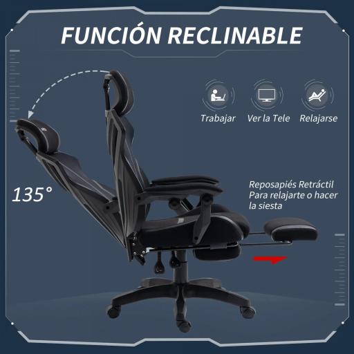 Silla Gaming con Reposapiés Retráctil Silla de Oficina Giratoria Reclinable con Reposacabezas y Altura Ajustable 65x65x119-129 cm Negro [3]