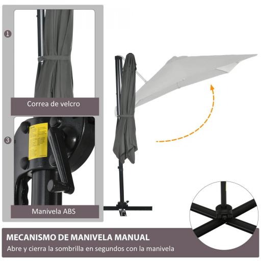 Sombrilla de Jardín de Aluminio Parasol Excéntrico con Manivela y Poste Giratorio e Inclinable 245x245x245 cm Gris [3]