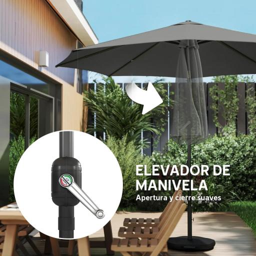 Sombrilla Terraza Exterior 3x3m con Base Bolsa de Arena Manivela Inclinación Costillas Retráctiles Gris Oscuro [4]