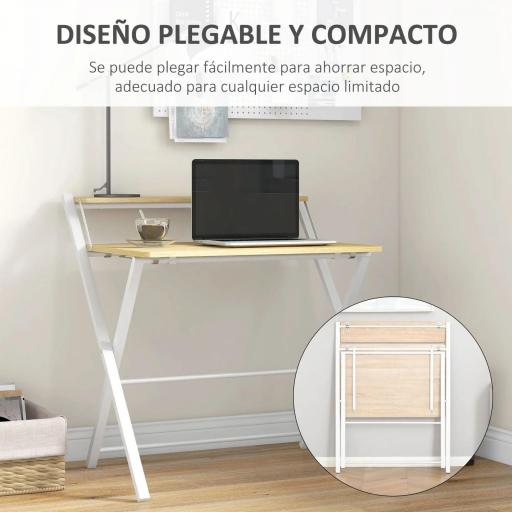 Mesa de Estudio Plegable con Estante Superior Estilo Moderno para Sala Oficina Dormitorio 81,5x70x84 cm Natural y Blanco [4]