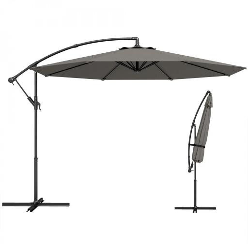 Parasol Excéntrico Ø300 cm con Base Cruzada Toldo Ajustable y Manivela UPF30+ para Terraza Patio Gris [9]