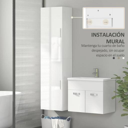 Columna de Baño de Pared con Estantes Ajustables y 2 Puertas Mueble de Baño Moderno 40x30x160 cm Blanco [8]