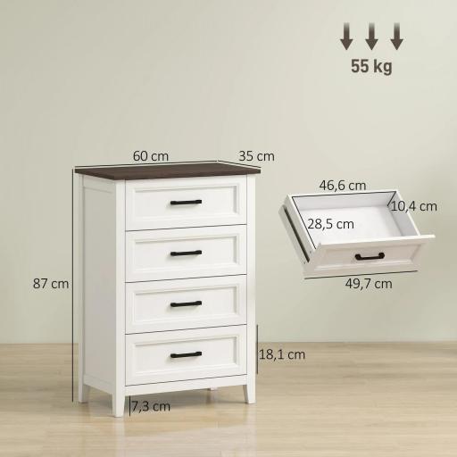 Cómoda Dormitorio Estrecho y Alto con Encimera Efecto Madera Cajonera para Espacios Pequeños 60x35x87 cm Blanco [4]