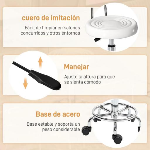 Taburete Giratorio con Respaldo y Ruedas Silla Ajustable para Salón de Belleza Estudio de Tatuajes 32x40x70-86cm Blanco [3]