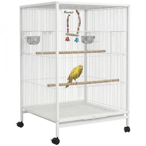 Jaula para Pájaros con Ruedas con Comederos Perchas Columpio y Bandeja Extraíble 48x46x78 cm Blanco [9]