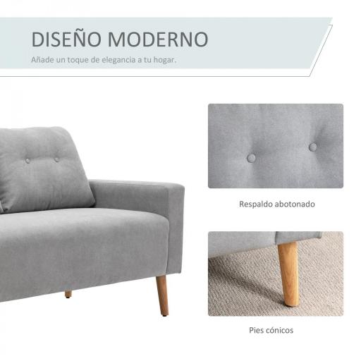 Sofá de 2 Plazas con 2 Cojines Reposabrazos y Patas de Madera de Caucho para Dormitorio Oficina 145x76x88 cm Gris [2]