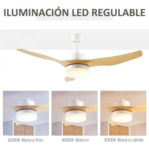 Ventilador de Techo Motor DC 20,5W Diámetro 132 cm Mando a Distancia Luz LED Ajustable de 3 Niveles 3 Aspas Reversibles [3]