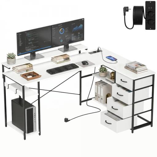 Escritorio en L Reversible con 4 Cajones de Tela 2 Enchufes y 2 Puertos USB Soporte para Monitor 155x112 cm Blanco [10]