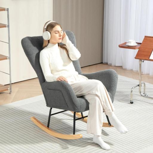 Mecedora de Borreguito con Respaldo Acolchado Almohada y Base de Madera de Caucho Carga 120 kg Gris