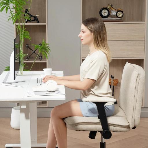 Silla de Oficina Piernas Cruzadas con Reposabrazos Abatible Asiento Ancho sin Ruedas Altura Ajustable Giratoria Crema [6]