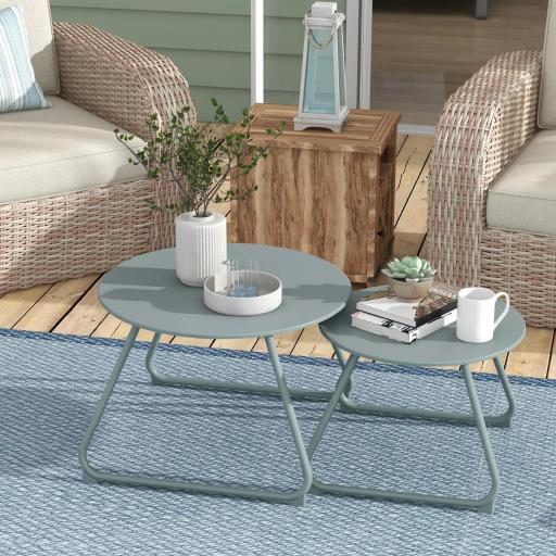 Juego de 2 Mesas de Jardín Apilables con Estructura de Metal y Recubrimiento Epoxi Anticorrosivo para Terraza Azul [6]