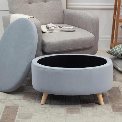 Puff Almacenaje Ovalado, Banco Almacenaje, 71x51,5x42 cm, Tapizado en Terciopelo, con Patas de Madera Maciza, Carga 120 kg, para Sala de Estar, Dormitorio, Entrada, Gris [7]