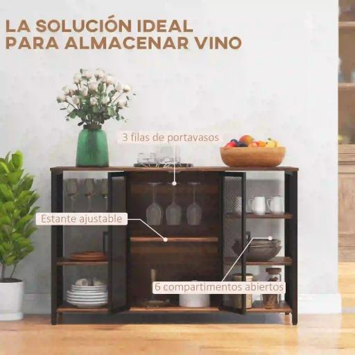 Aparador de Cocina con 6 Estantes Abiertos Porta Copas y Estante Ajustable para Bar Comedor 120x40x76 cm Marrón Rústico [5]