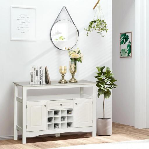 Aparador de Comedor con 1 Cajón 1 Estante Abierto 2 Puertas y Botellero para 12 Botellas 116,5x40x82,5 cm Blanco [5]