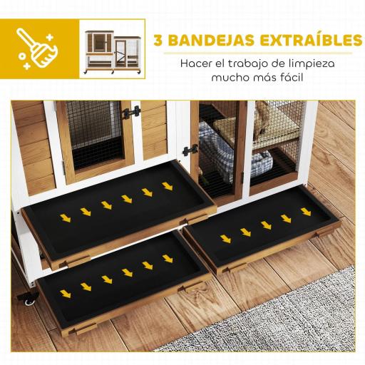 Conejera de Madera de 2 Niveles Jaula para Conejos con Ruedas Escaleras y Bandejas Extraíbles 110x50x86 cm Marrón [1]