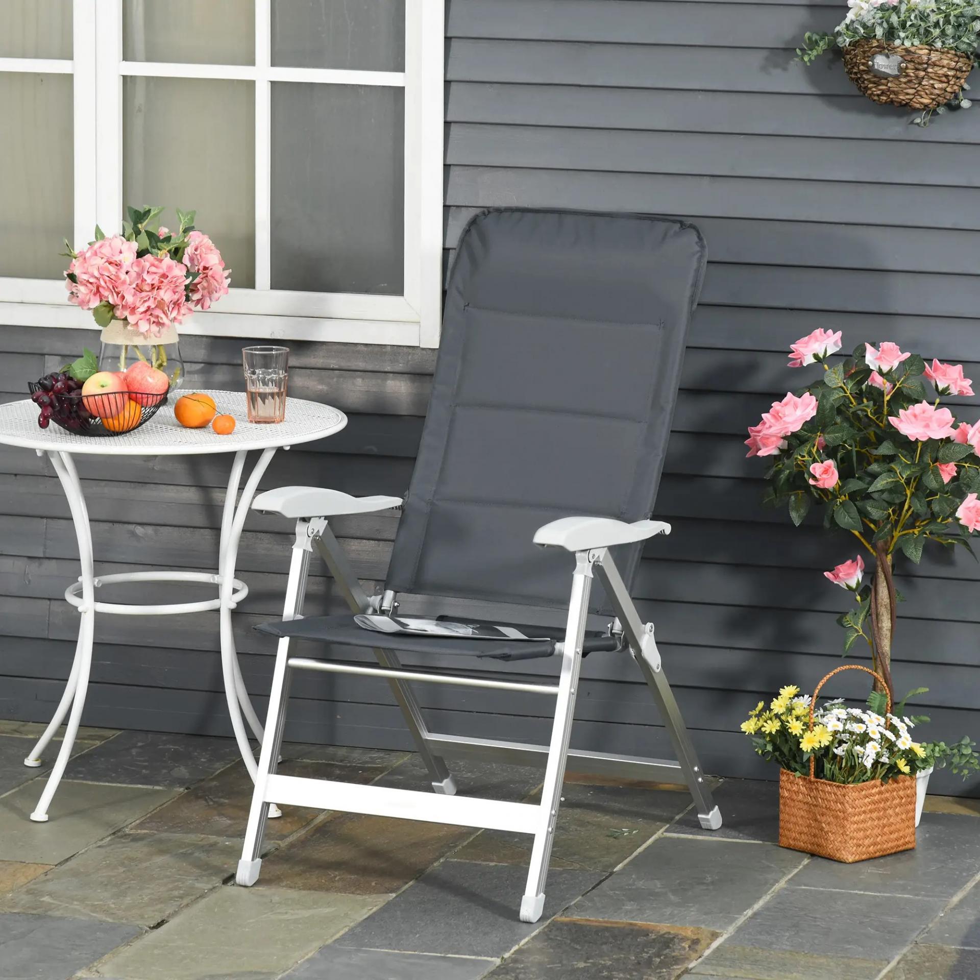 Silla de Jardín Plegable Portátil de Aluminio con Respaldo Alto Ajustable en 7 Posiciones y Reposacabezas Acolchado para Exterior Terraza Camping 75x61,5x114,5 cm Gris