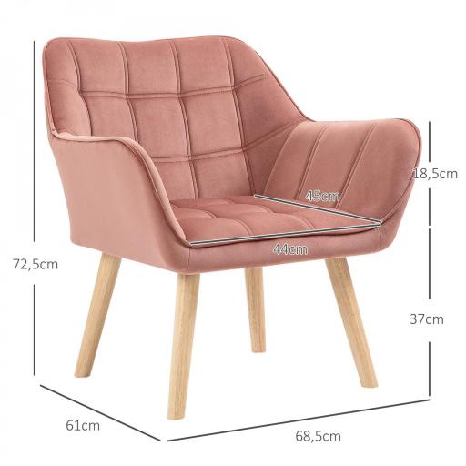 Butaca de Salón Moderna Tapizado en Terciopelo con Asiento Ancho Patas de Madera Sillón Relax para Sala de Estar Rosa [1]