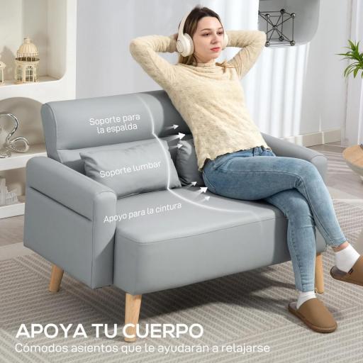 Sofá de 2 Plazas con Tapizado de Cuero Sintético Acolchado Grueso y Patas de Madera para Salón 117x78x78 cm Gris [4]