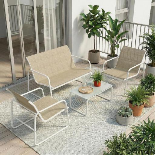 Conjunto Jardín Exterior de 4 Piezas con Sofá de 2 Plazas 2 Sillones Mesa de Vidrio Templado Tela Textilene Caqui [7]