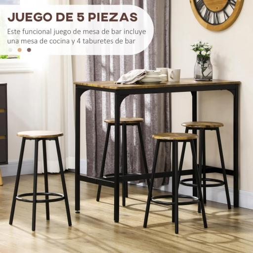Set de Mesa Bar y 4 Taburetes Muebles Altos con Mesa de 110x50x89,5 cm y Taburetes de Ø30x60,5 cm Negro y Madera [2]