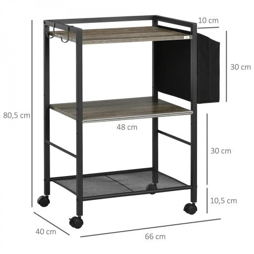 Carrito Auxiliar con Ruedas de 3 Niveles con Bolsa de Tela y 2 Ganchos para Salón Cocina Comedor 66x40x80,5 cm Gris [1]